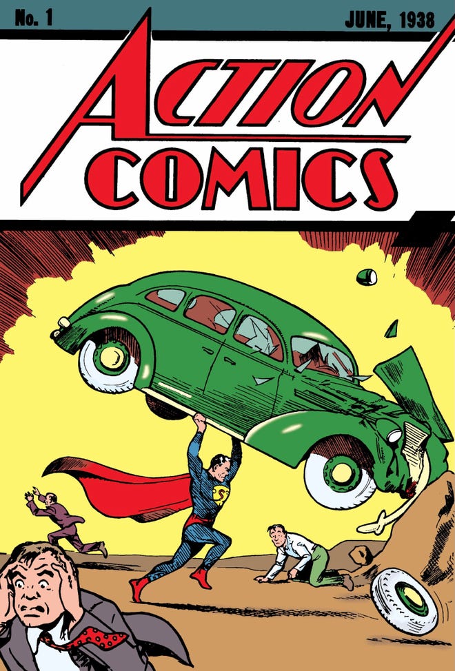 DC Action Comics Issue One June 1938 cover art. Superman is lifting a crashed green car above his head.