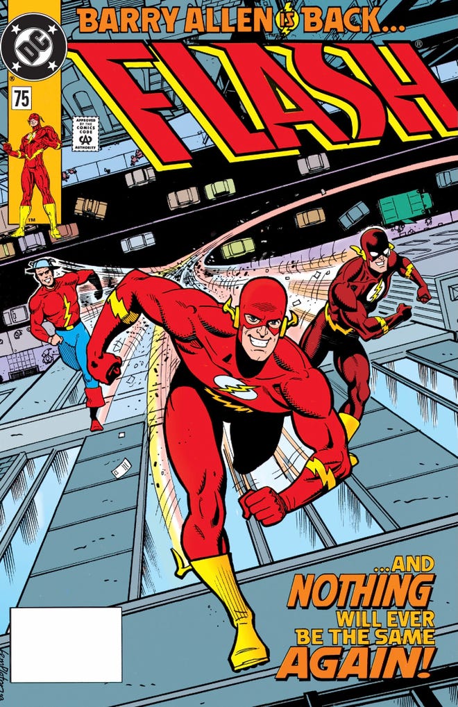 DC Comics. Flash issue 75, showcasing three eras of Flashes running up the side of a building