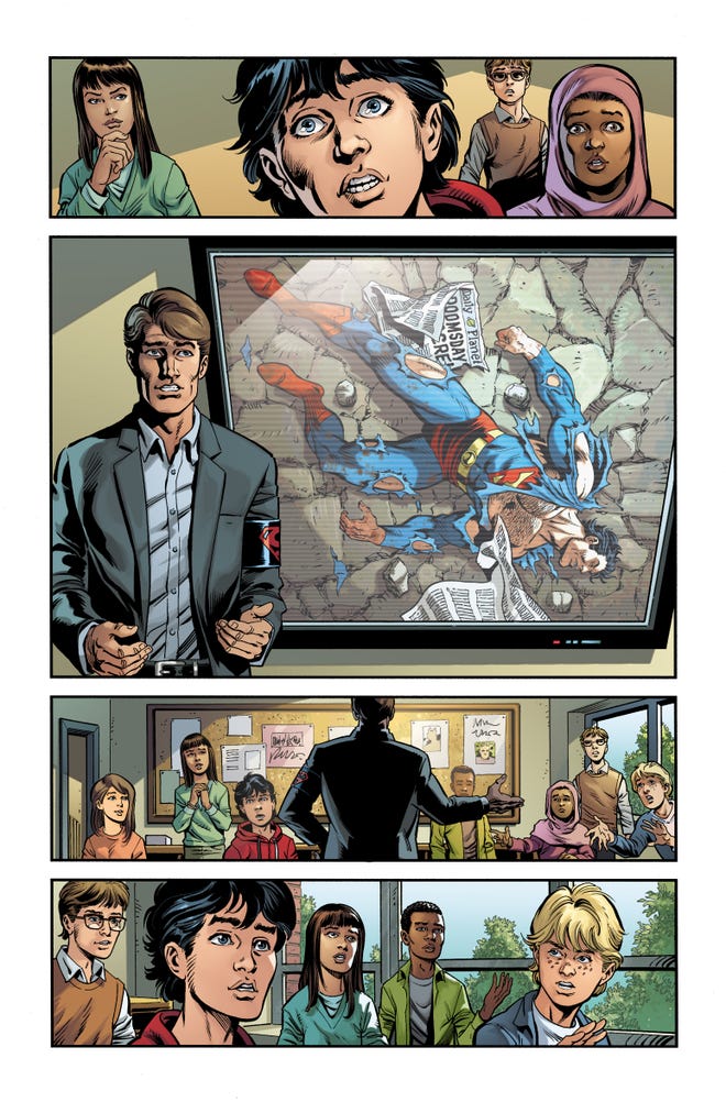 Interior comics art featuring people looking at a screen that features a defeated superman