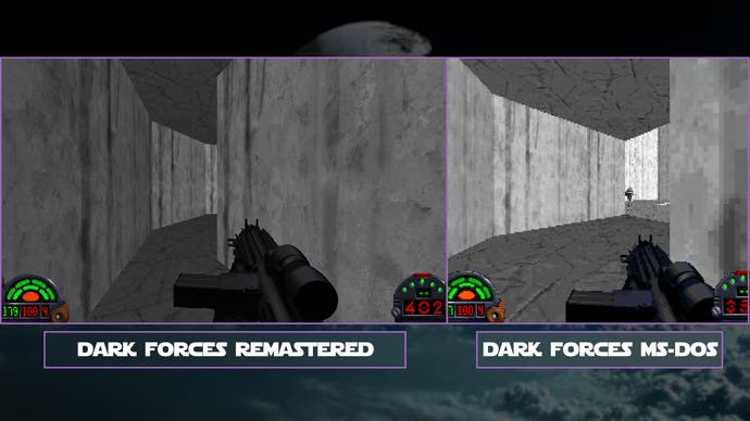 تاریک فورس ریمستر در مقابل اسکرین شات های اصلی ms-dos در داخل دیوارها را بیشتر نشان می دهد