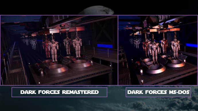 اسکرین‌شات‌های اصلی تاریک فورس در مقابل اسکرین‌شات‌های اصلی ms-dos که صحنه‌های رندر سه‌بعدی بازسازی‌شده را نشان می‌دهند.