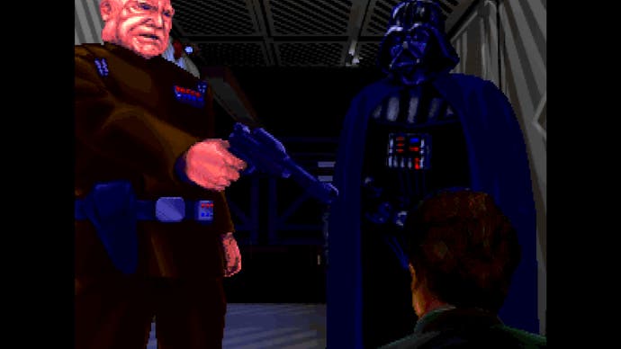 اسکرین شات نیروهای تاریک جنگ ستارگان (نسخه اصلی) که یک فرد اسیر شده را در مقابل افسر امپراتوری و دارت ویدر نشان می دهد.