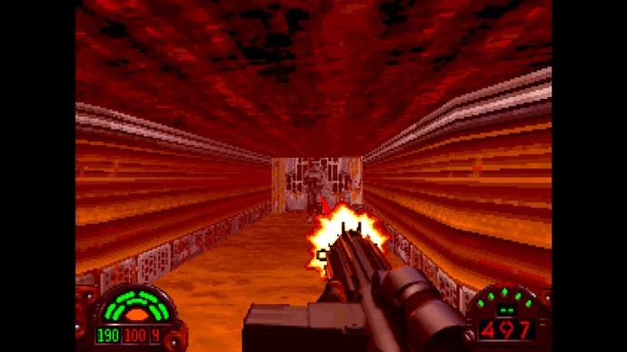 dark forces remaster screenshot in original graphics mode showing red fog in a mining level