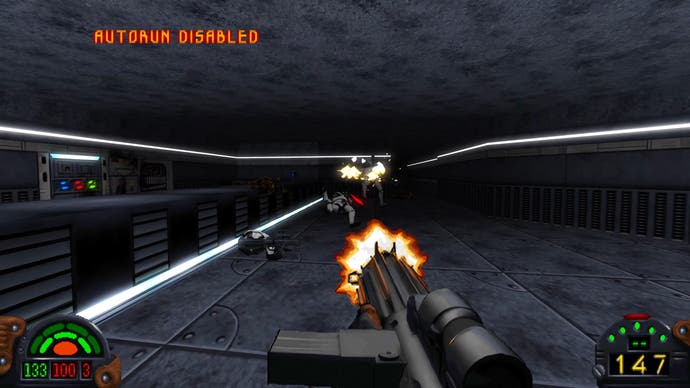 dark forces remaster showing blaster fire illuminating a room