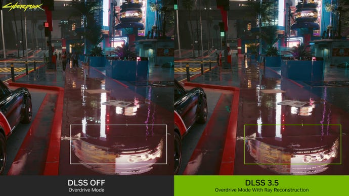 Ein Vergleichsbild, das Cyberpunk 2077 mit und ohne Ray Reconstruction von Nvidia DLSS 3.5 zeigt