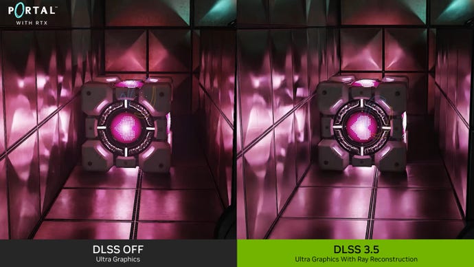 Ein Vergleichsbild, das Portal mit RTX, mit und ohne Ray Reconstruction von Nvidia DLSS 3.5 zeigt