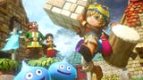 Dragon Quest Builders artwork of cartoon protagonist carrying a block next to blue slimes