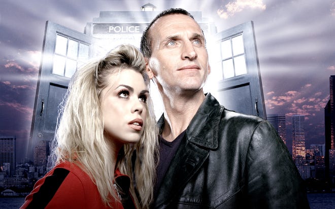 Press image of Billie Piper and Christopher Eccleston in costume with the TARDIS behind them