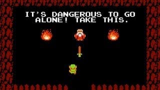 A man in a cave tells Link "It's dangerous to go alone! Take this" and offers a sword. The man's in red and has flames on either side of him. Link is in Green and the cave is completely dark.