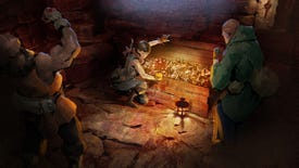Three adventurers celebrate opening a treasure chest full of gold in art work from Dark And Darker