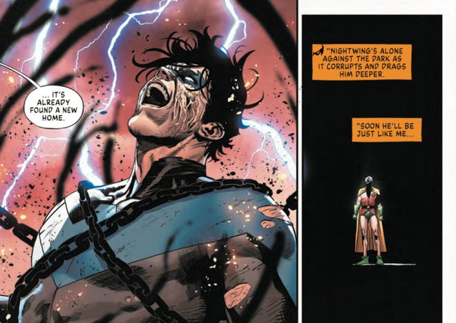 Nightwing is tortured by the Great Darkness