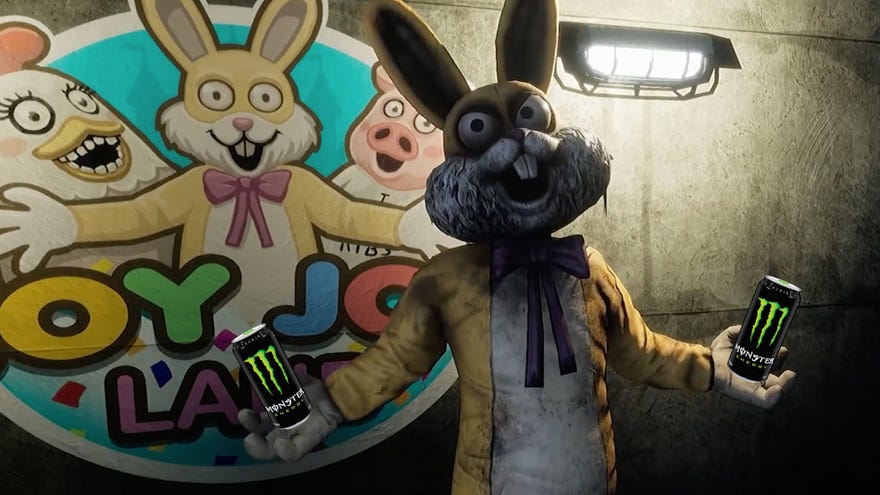 A still from a Dark Deception trailer, showing a laughing rabbit suited person holding Monster Energy drink cans