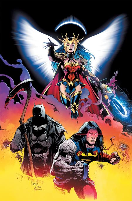 DC Dark Nights Death Metal cover art with Wonder Woman, a shadowy Batman holding a Scythe, and Superman