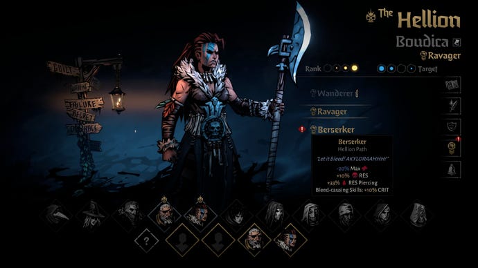 A Ravenger character wears feathers and skulls as she wields a spear with a sharp blade in Darkest Dungeon 2