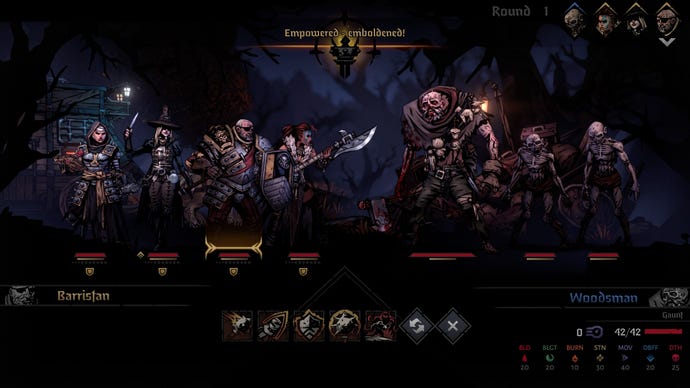 A bloody party of warriors face off against zombie-like creatures in Darkest Dungeon 2