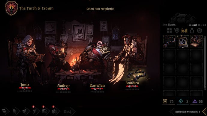 Four warriors stop in a tavern for some rest in Darkest Dungeon 2