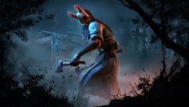 A killer with a rabbit mask and a hatchet turns to face us in a shadowy forest in Dead By Daylight