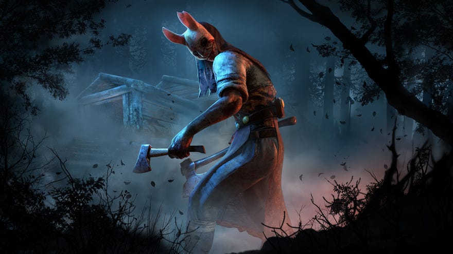 A killer with a rabbit mask and a hatchet turns to face us in a shadowy forest in Dead By Daylight