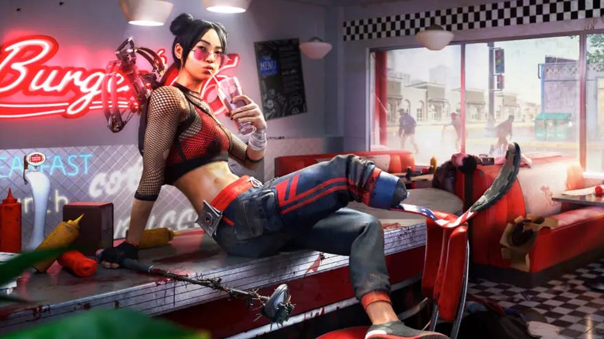 Key art of zombie slayer Amy from Dead Island 2, showing her sitting in a burger bar with zombies outside