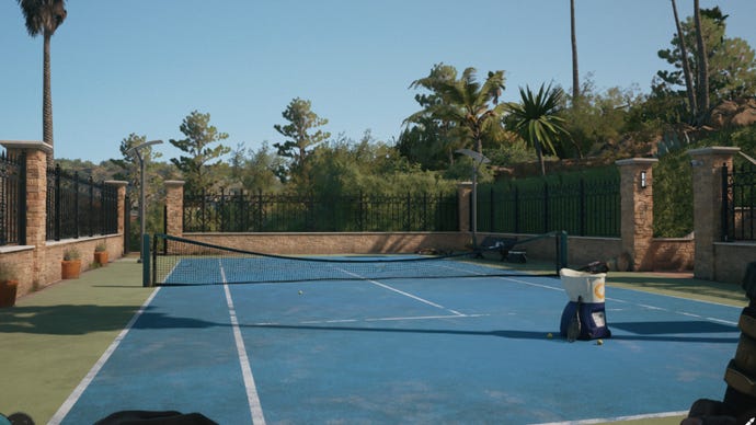 Captura de pantalla de Dead Island 2 que muestra la cancha de tenis en la que aparece el entrenador Ace.