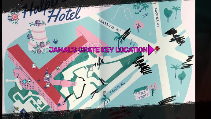 Captura de pantalla de Dead Island 2 que muestra la ubicación de Jamal's Crate Key en el mapa.