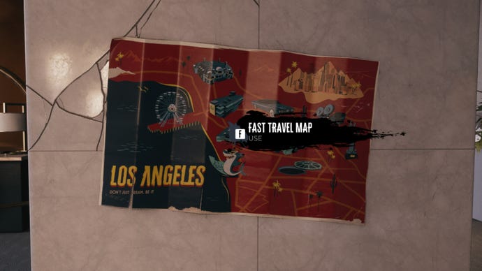 Dead Island 2 screenshot showing a fast travel map stuck to a wall.