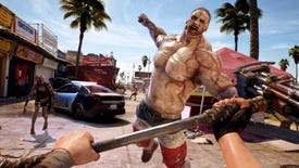 Dead Island 2 image showing a big muscly zombie swinging down towards the player, who is holding up a modified sledgehammer.