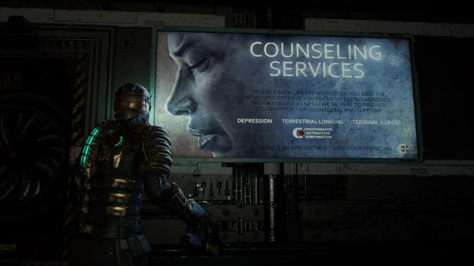 Dead Space remake review - protagonist Clarke looks up at a billboard for counselling services