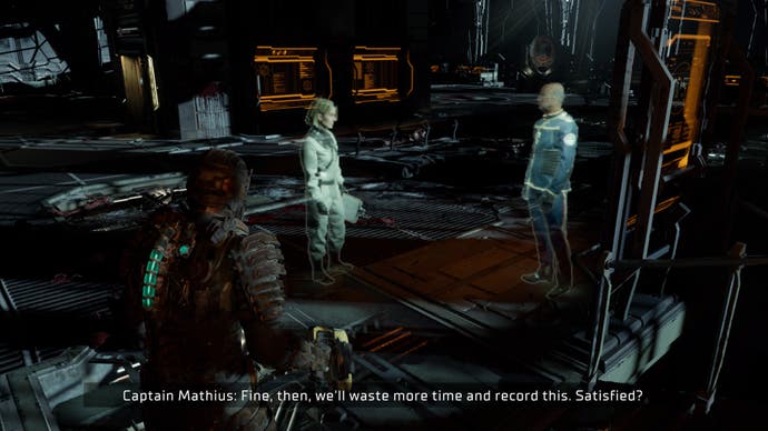 Dead Space remake review - Clarke watching a hologram of a conversation between two NPCs