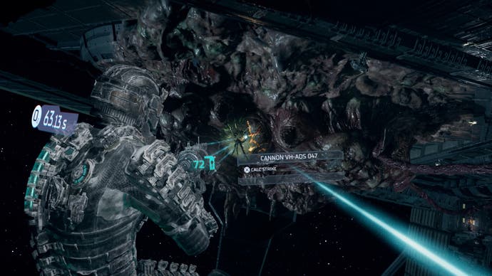 Dead Space remake review - combat, aiming at a large monstrous growth