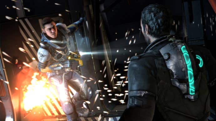 Isaac Clarke looks at Captain Robert Norton in Dead Space 3.