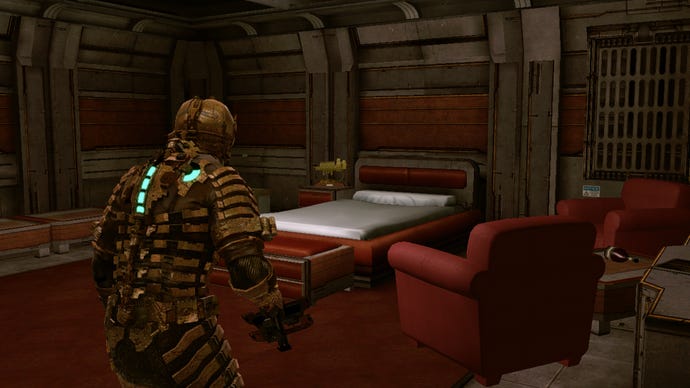 Isaac stares longingly at a bed in Dead Space