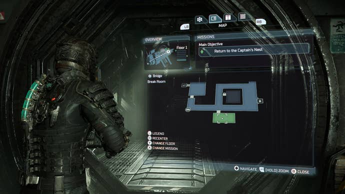Isaac looks at a map of the Bridge showing the Break Room in Dead Space