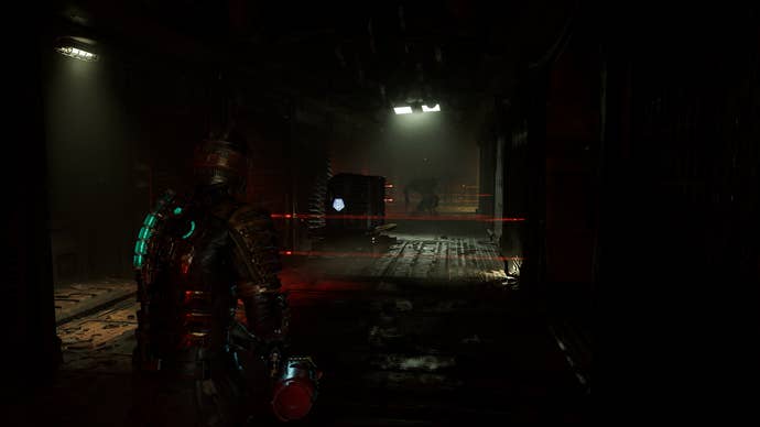 Isaac looks toward a Kinesis based puzzle involving lasers in Dead Space