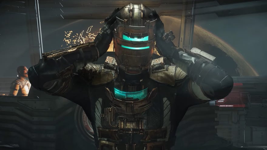 A screenshot from Dead Space remake showing Isaac Clarke putting on his helmet
