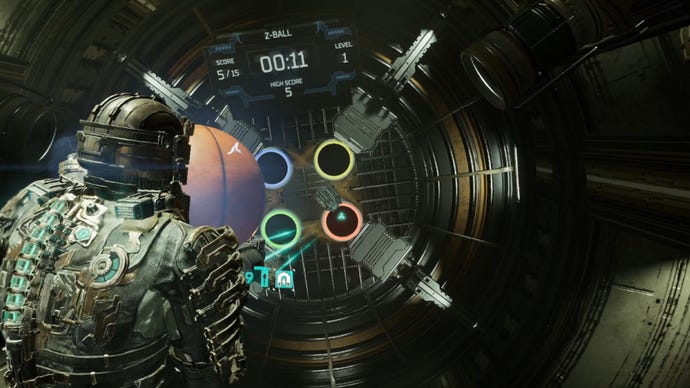 Dead Space image showing Isaac floating in Zero-G holding a basketball with Kinesis.