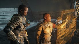 Dead Space image showing Isaac and Hammond staring at an orange computer terminal.