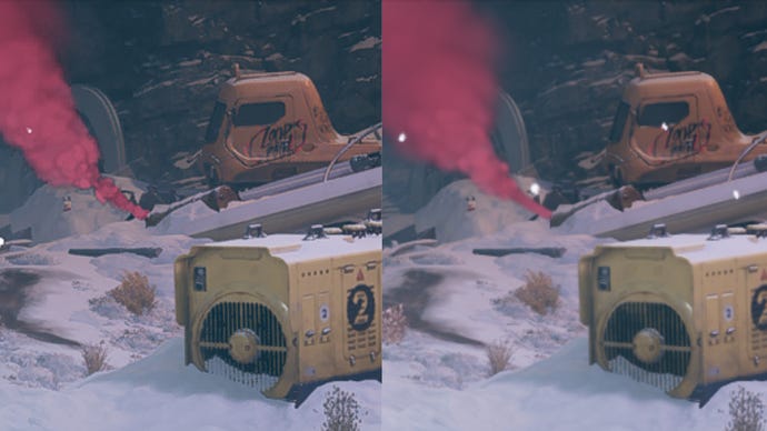 A comparison image showing a snowy scene in Deathloop. On the left is the scene rendered with FSR 2.0, on the right is it rendered with DLSS.
