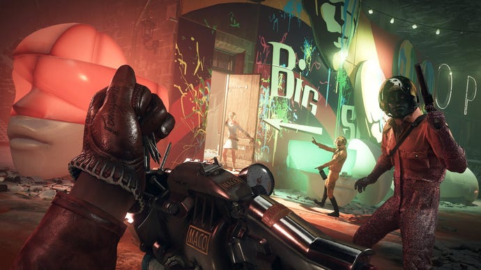 The player loads nails in a spiker gun in Deathloop while being assaulted by masked enemies