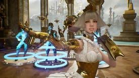 Deathverse: Let It Die screenshot of a lady with golden arms posing in front of the camera