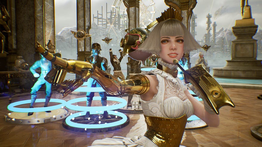 Deathverse: Let It Die screenshot of a lady with golden arms posing in front of the camera