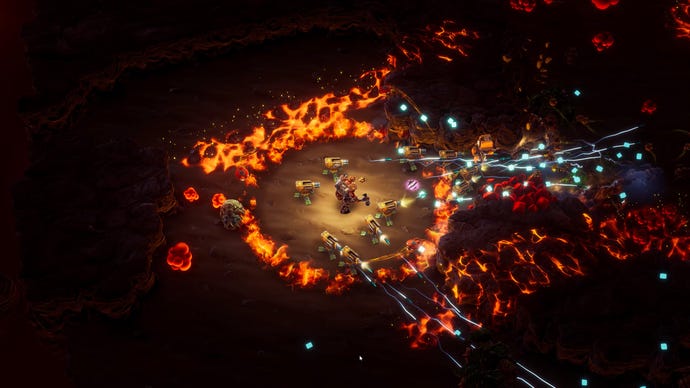 A Engineer dwarf uses an array of sentry guns to blast away bugs in Deep Rock Galactic: Survivor.