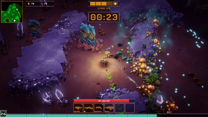 Alien bugs encircle the player in Deep Rock Galactic: Survivor.