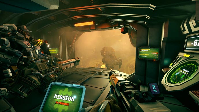 A team of armed dwarves exit an orbital drop pod in Deep Rock Galactic.