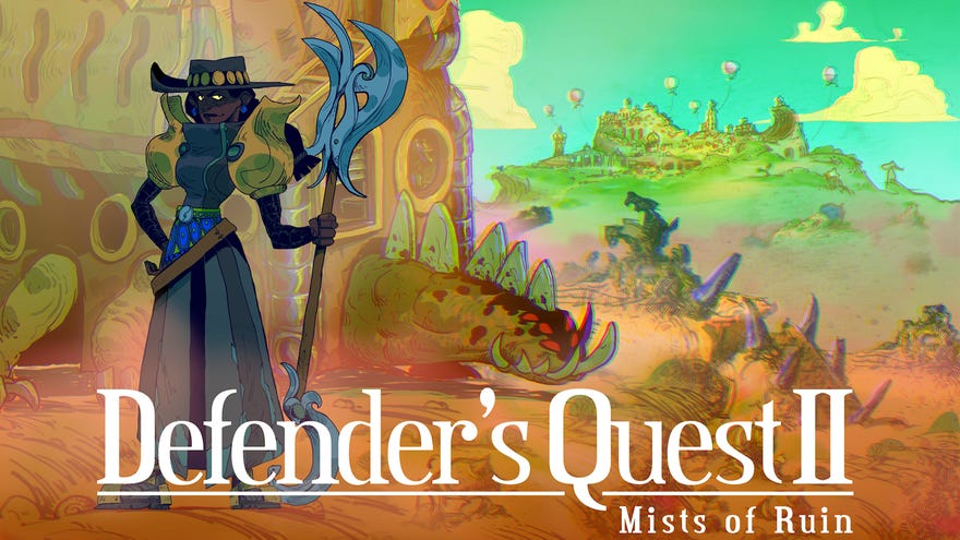 Faceless figure in a dark dress holds a staff while standing in a desert. Artwork for Defender's Quest 2: Mists Of Ruin