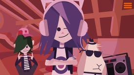 A green-haired boy, a purple-haired girl and a goat in sunglasses stand in a group in Delete After Reading