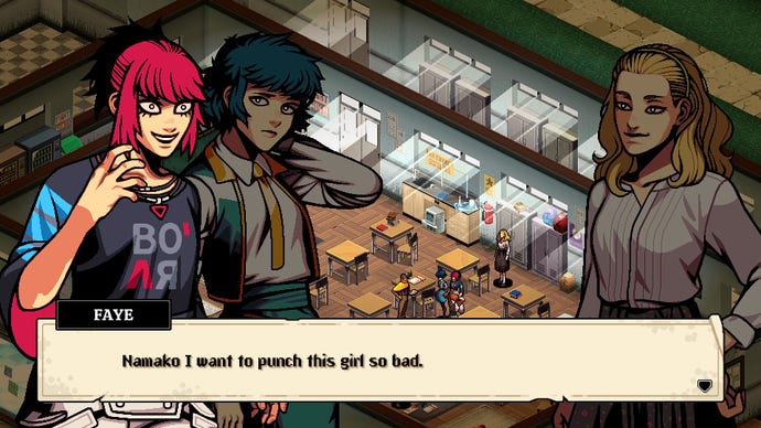Pink haired Faye squares up to the class president in Demonschool