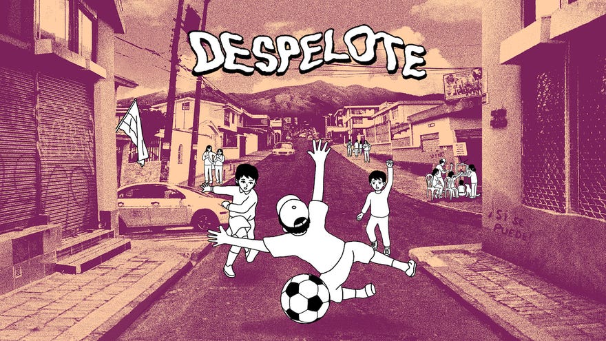 Hand drawn kids play football in the street in the key art for Despelote
