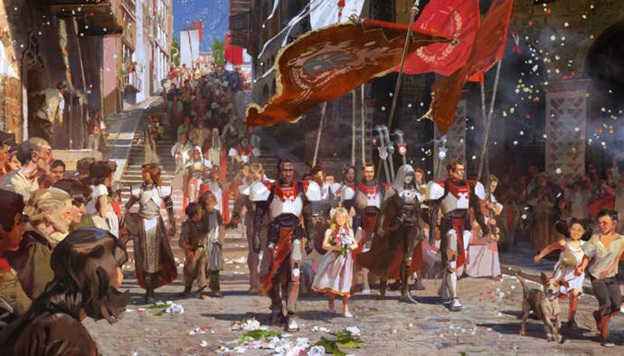 Arte conceptual de Destiny 2 que muestra La Torre en la cima de su poder; pancartas rojas, guardianes marchando por calles abarrotadas, confeti, celebración.