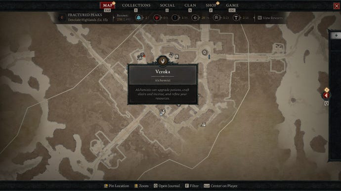 Diablo 4 screenshot showing the location of the Alchemist on the map of Kyovashad.